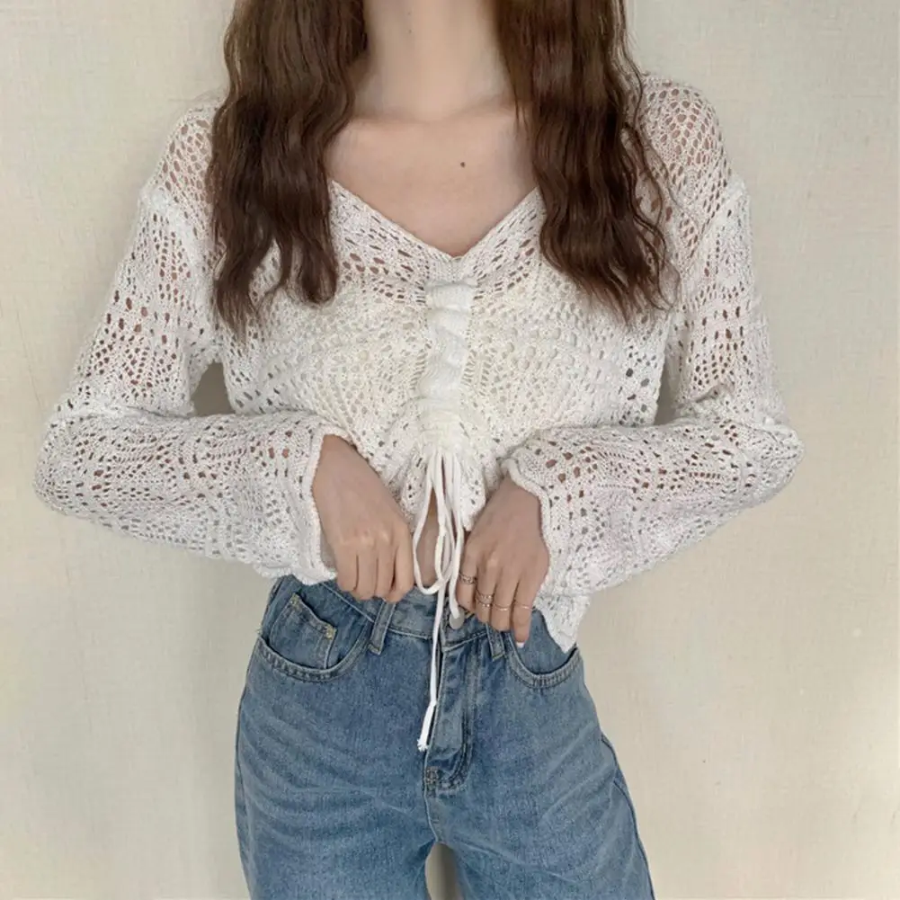

Women Long Sleeve Cardigan Hollow Crochet Floral Sweater Coat Beach Mesh Shrug