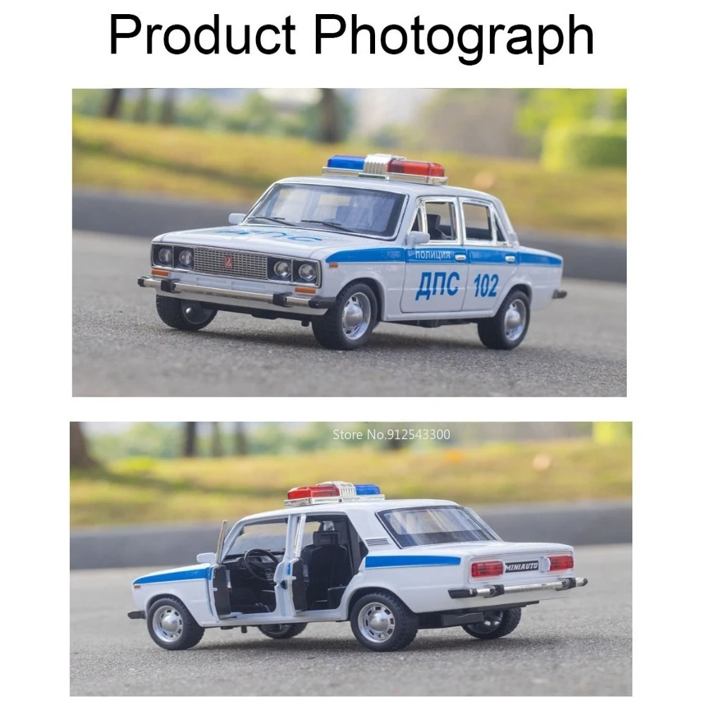 1/24 Lada 2106 Police Alloy Car Model Metal Diecast Toys with Pull Back Sound and Light Simulation Vehicles for Children Gifts