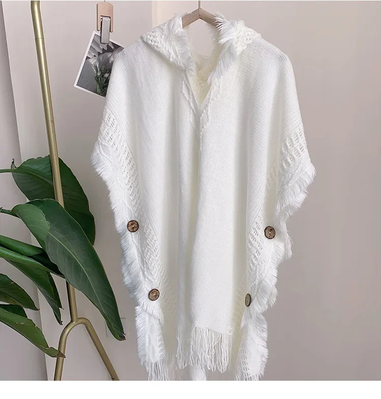 Spring Autumn Women Hooded Pullover Sweater Tassel Knitting Versatile Sunscreen Warmth European American Knitted Cloak Beige