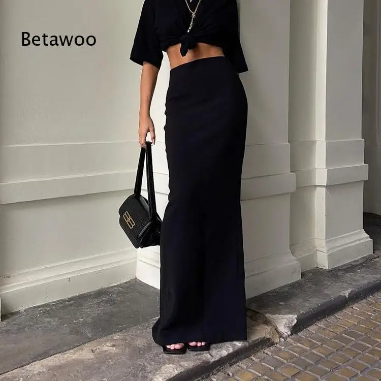 Minimalist Solid Black High Waist Maxi Mermaid Skirt Slim Fit Stretch Fabric Floor-Length Bodycon Long Skirt
