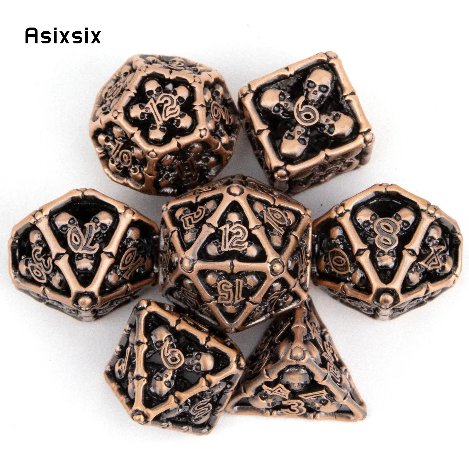 

7 Pcs Coppery Skull Head Metal Dice Hollow Metal Polyhedral Dice Set Suitable for Role-Playing RPG Party Game