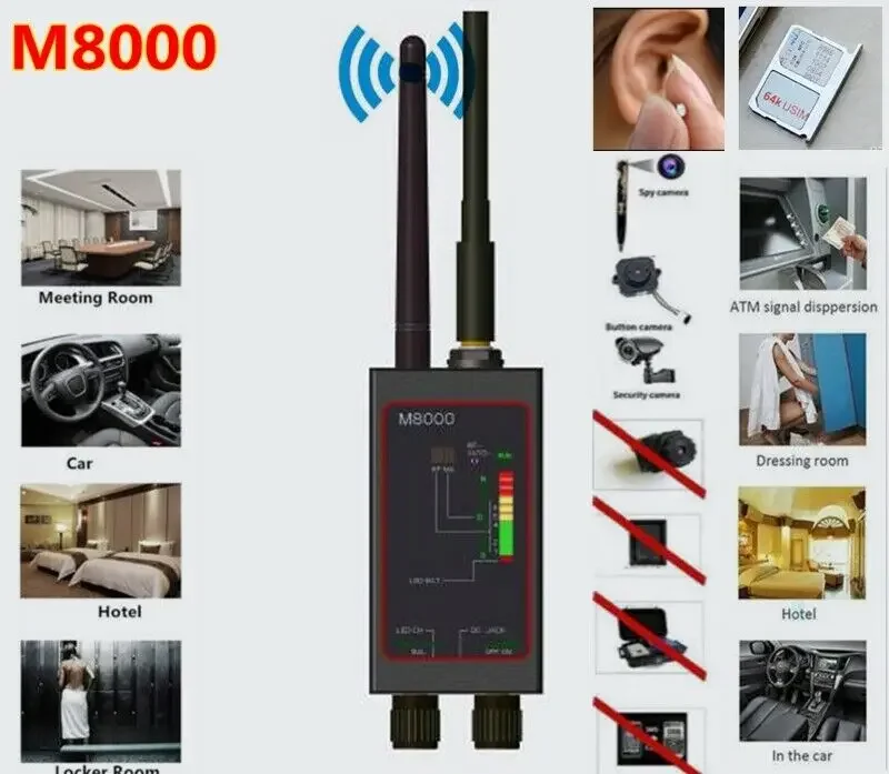 

Радиочастотный детектор ошибок M8000 Детектор камеры GPS-трекер Finder Шпионские гаджеты Сканер Антишпионские линзы CDMA GSM Детекторы прослушивающих устройств