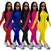 Peleles ajustados con escote en V profundo para mujer, traje deportivo Sexy de Color sólido, pantalones largos con cremallera, conjunto de Fitness