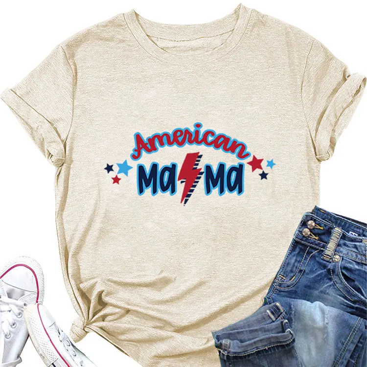 

Summer new loose short sleeve T-shirt american mama print fashion casual crew neck top