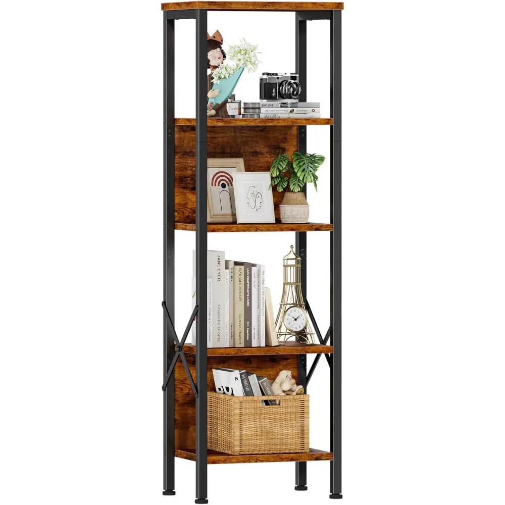 

5 Tier Tall Bookshelf with Back, Display Narrow Bookcase, Industrial Storage Corner Shelves Organizer for Bedroom