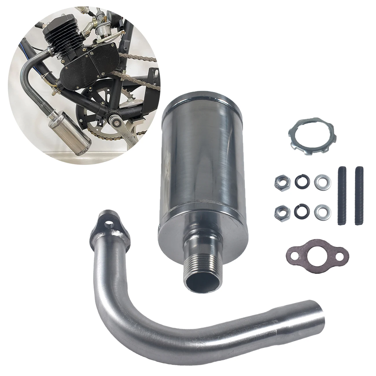 Black Silver Exhaust Muffler Pipe &Gasket Nut Upgradation Kit For 49cc 60cc 66cc 80cc 2 Stroke Engine Gas Motorized Bicycle