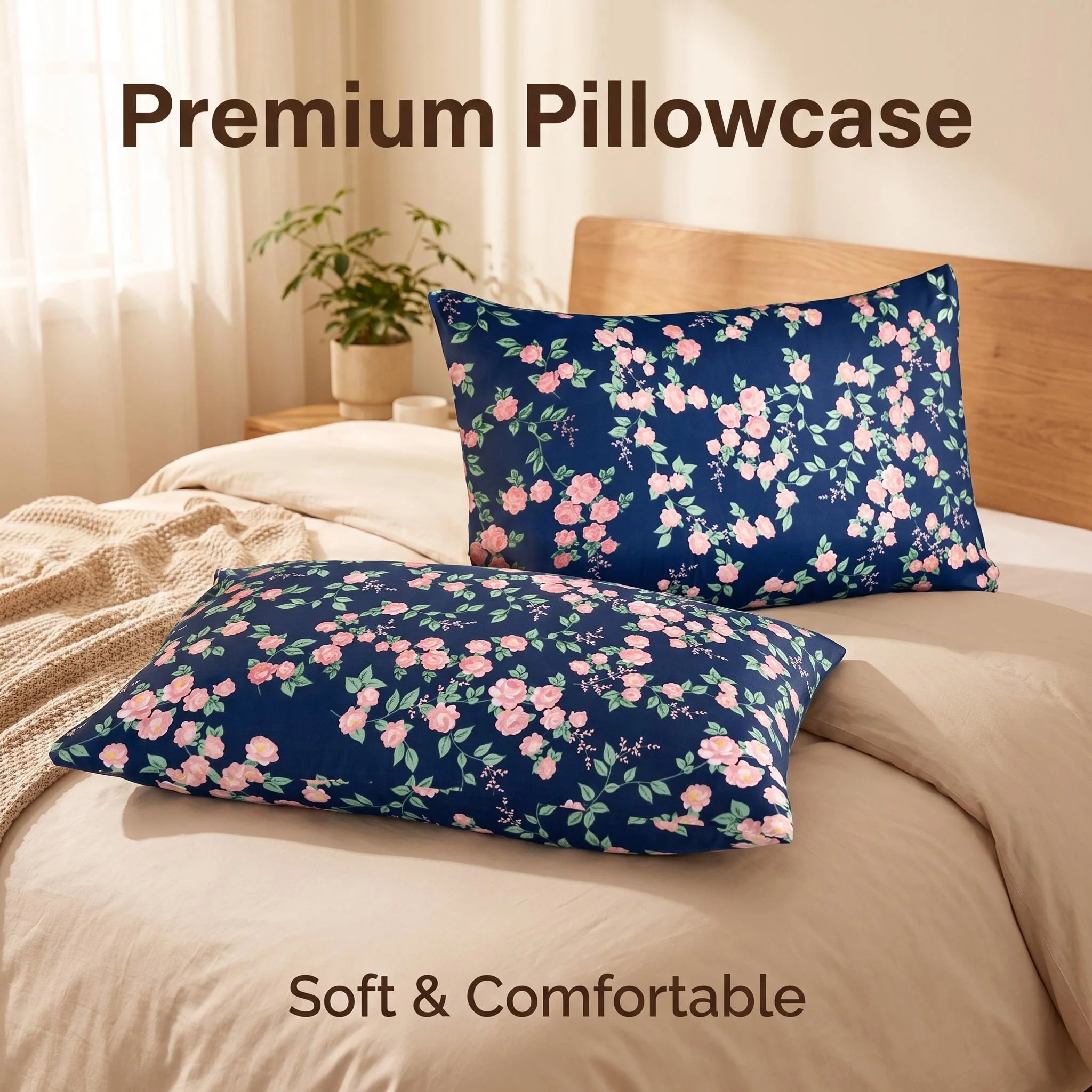 2PC Vintage Floral Print Pillowcases Set Soft Pink Rose on Deep Blue Durable Machine Washable for Home Dormitory Universal Beddi