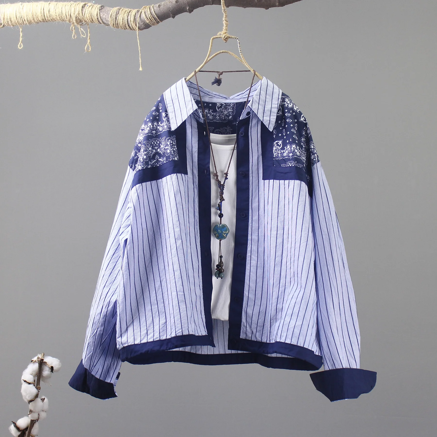 

2026 винтажная одежда, женские полосатые рубашки из 100% хлопка, этнические синие лоскутные блузки с длинными рукавами и принтом, женские топы