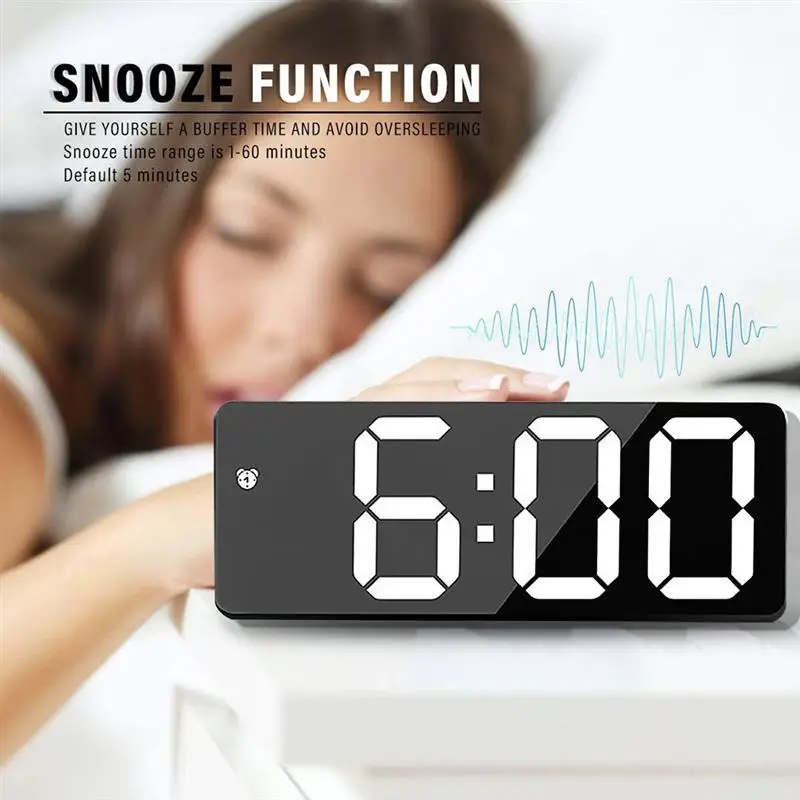 Mirror LED Digital Alarm Clock Voice Control Snooze Table Clocks Battery Plug-In Dual Purpose Big Font Alarm Decoration Office