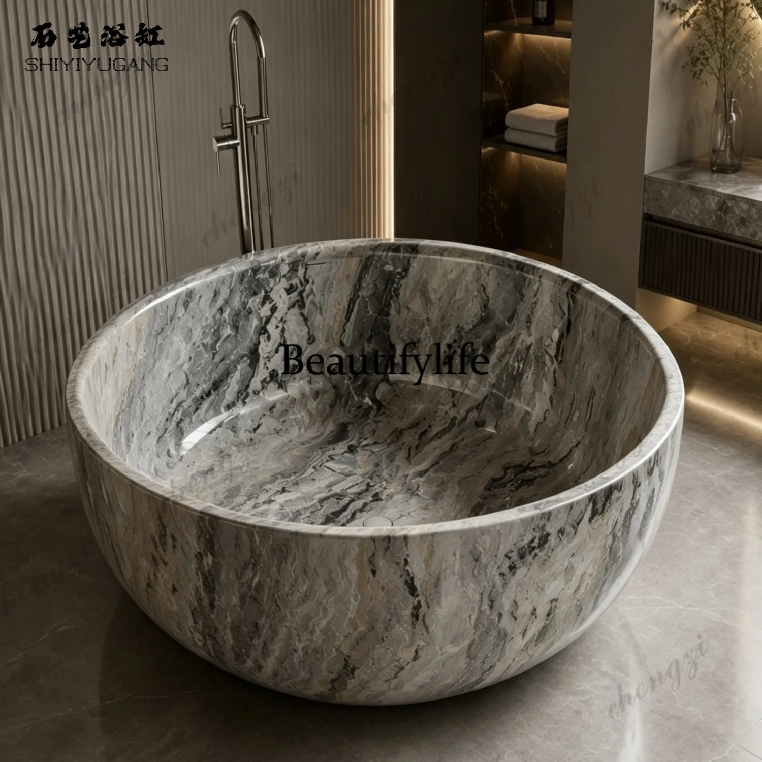 Enamel gold round artificial stone Qimei stone bathtub double couple independent integrated