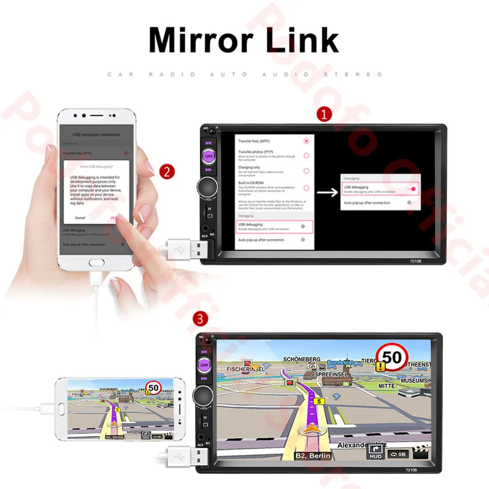 Podofo 2 din CarPlay Android Radio samochodowe 7 \