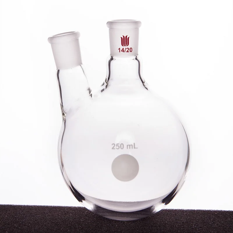 SYNTHWARE Thick walled slanted two necked bottle, Two-necked flask oblique shape, Capacity 100mL 250mL, Borosilicate glass, F41