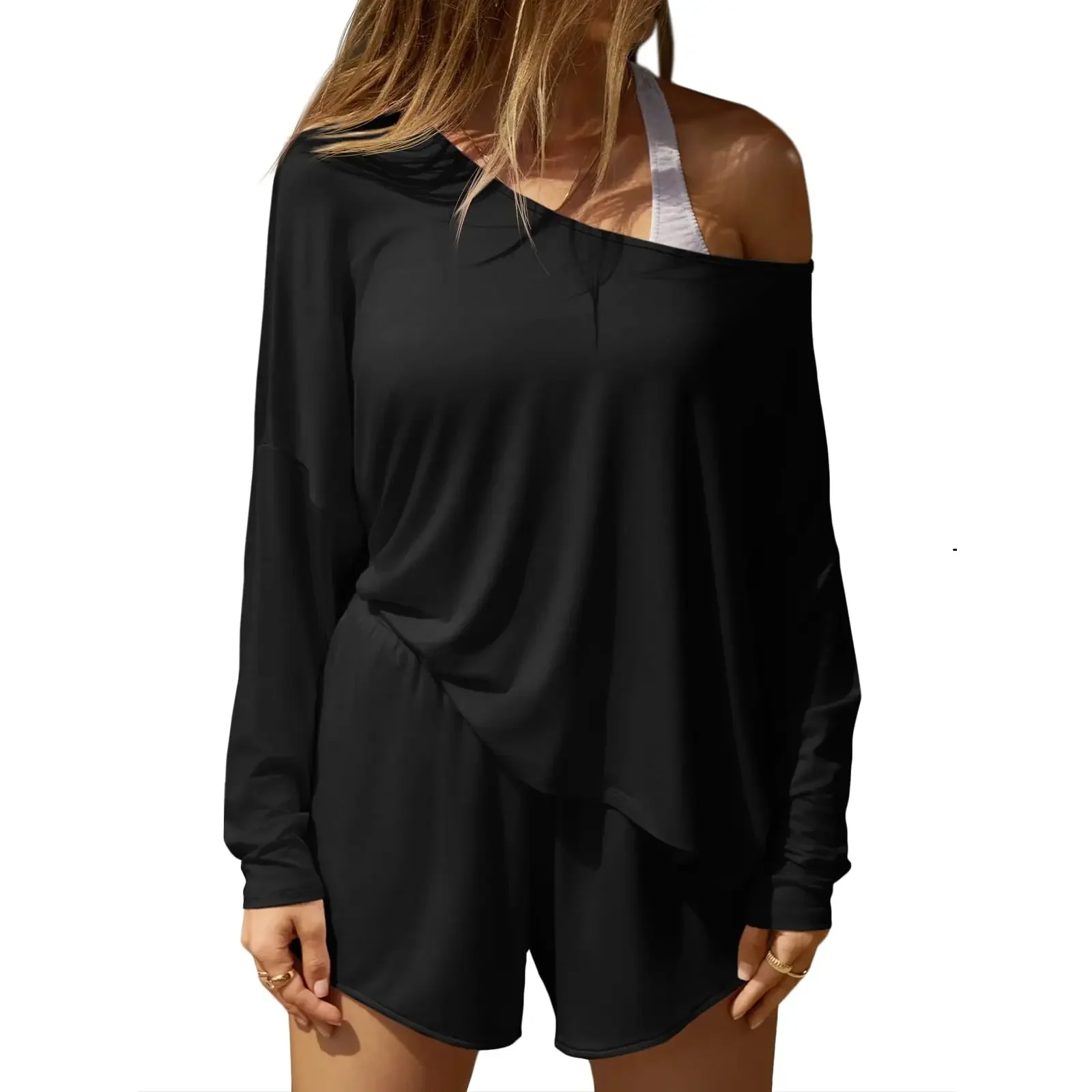 Fisoew Women's 2-Piece Batwing Top & Shorts Lounge Set - Soft Fabric, Cute Asymmetrical Off-Shoulder, Matching Pajama Sets Nightwear for Vacation