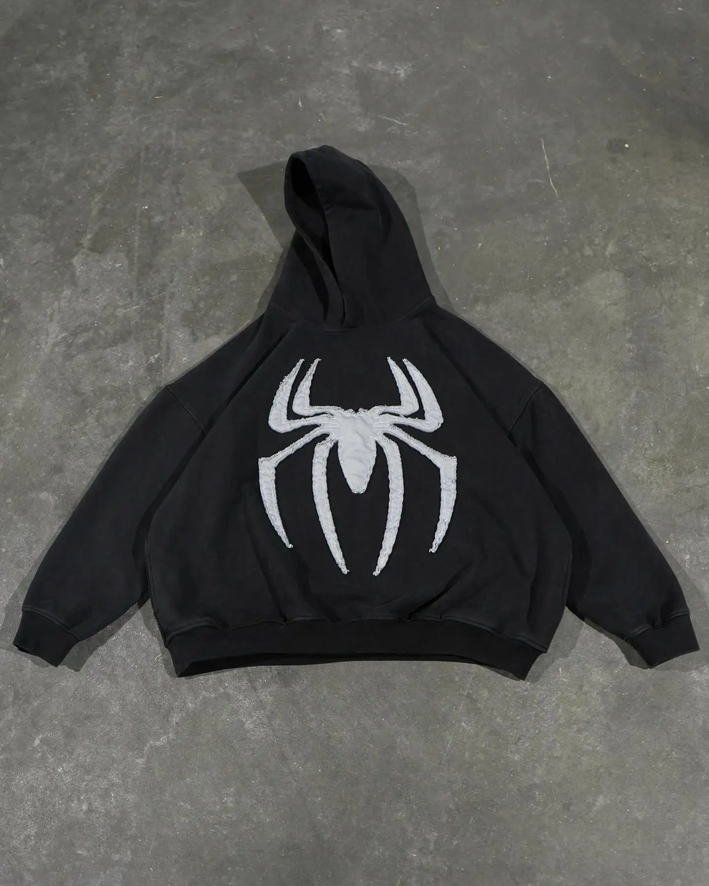 Grey Black Gothic Big Spider Pattern Patchwork Hooded Pullover Y2k 