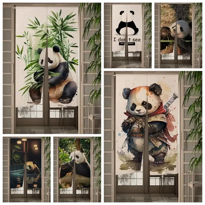 Cute Panda Japanese Door Curtain Panda Bamboo Painting Traditional Kitchen Room Partition Doorway Entrance Hanging Half-Curtains