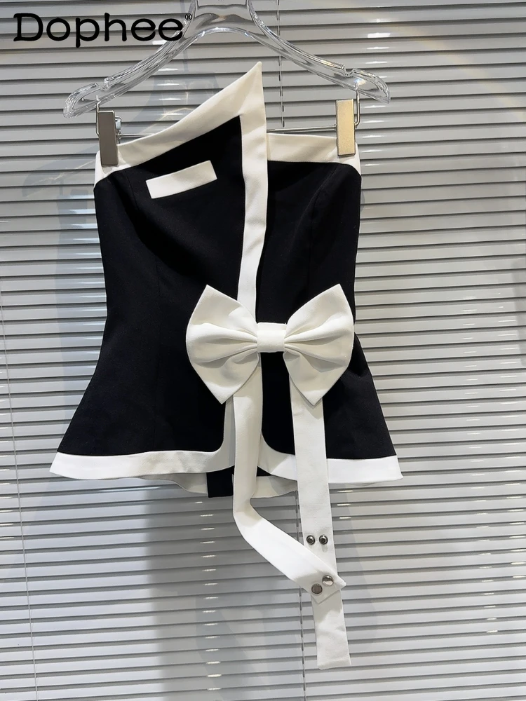 Retro Black and White Contrast Color Tube Top Vest Female 2024 Summer New Sexy Strapless Strap Bow Waist-Controlled Top Women