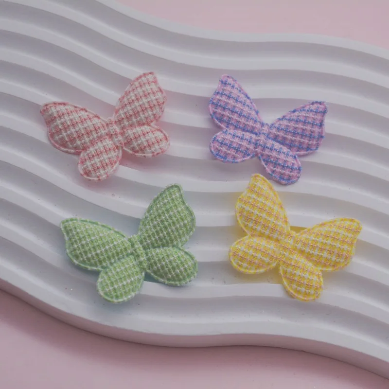 48Pcs 4.3x3.5CM Lattice Fabric Butterfly Padded  Appliques For DIY Hair Clip Accessories Garment Headwear Decor Patches