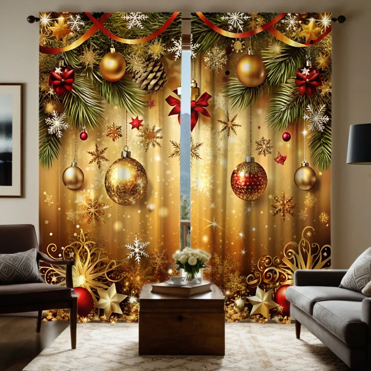 2 piece HD digital curtains printed yellow tie Christmas drop ball latte home decoration style Decorate living room bedroom wear