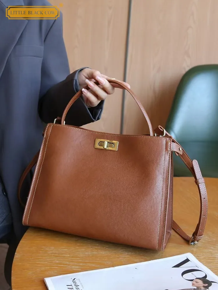 

Retro Designer Women Buckle Bucket Style Soft Casual Split Leather Solid Color Shoulder Bag Ladies Versatile Fashionable Handbag