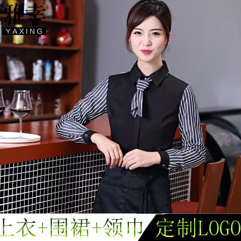 Seragam Kerja Hotel Koleksi Musim Gugur Musim Dingin Bar Kemeja Bergaris Hitam untuk Bartender Pelayan Klub MalamKTVPakaian Uniseks Lengan Panjang