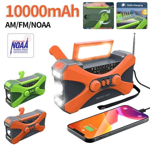 Radio multifunción alimentada por energía Solar con manivela, Radio FM, AM, NOAA, WB, linterna LED de emergencia, Banco de energía, alarma SOS, 10000mAh
