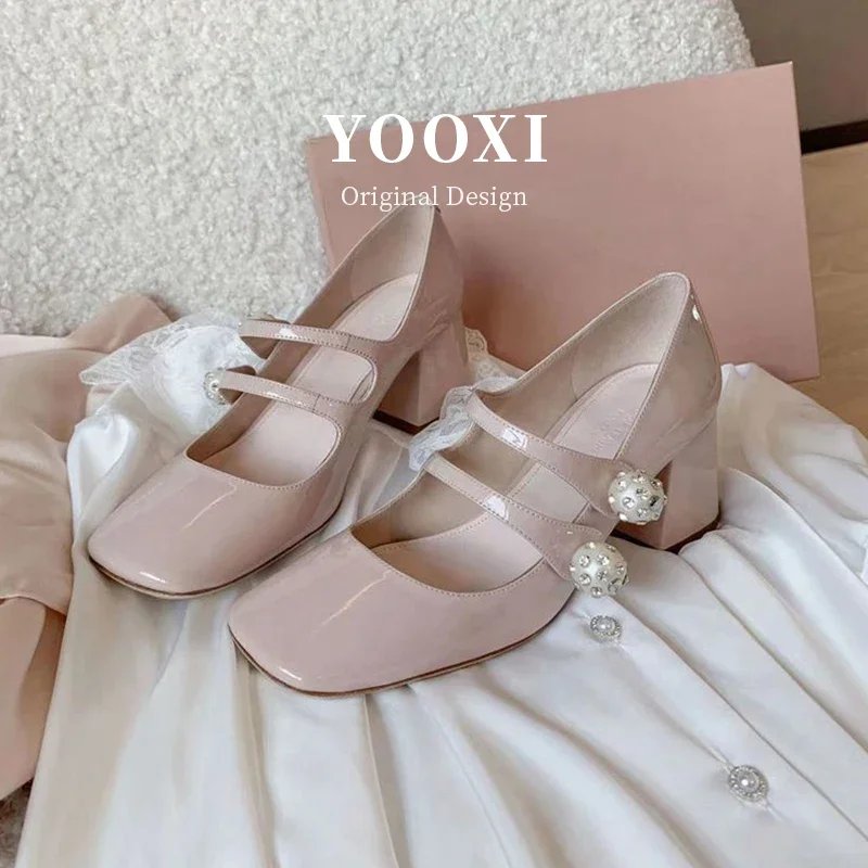 

2024 New Nude Mary Jane Shoes Square Headed Water Diamond Pearl Single Shoes French Thick Heels High Heels for Women