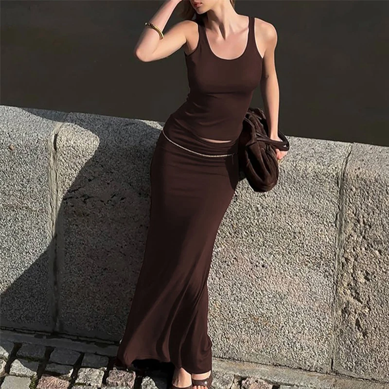 BKLD Einfache Sexy Einfarbig U Neck Leibchen Tank Tops + Enge Geraffte Lange Halbe Röcke Frauen Mode Street Style zwei-stück Outfit