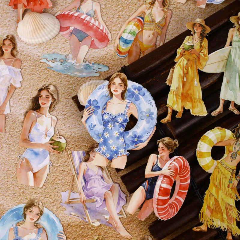 10 Sheets Summer Seaside Character Hard Card Stickers, Beach Holiday Figure Decor Stickers for Scrapbook Journal Card DIY Craft