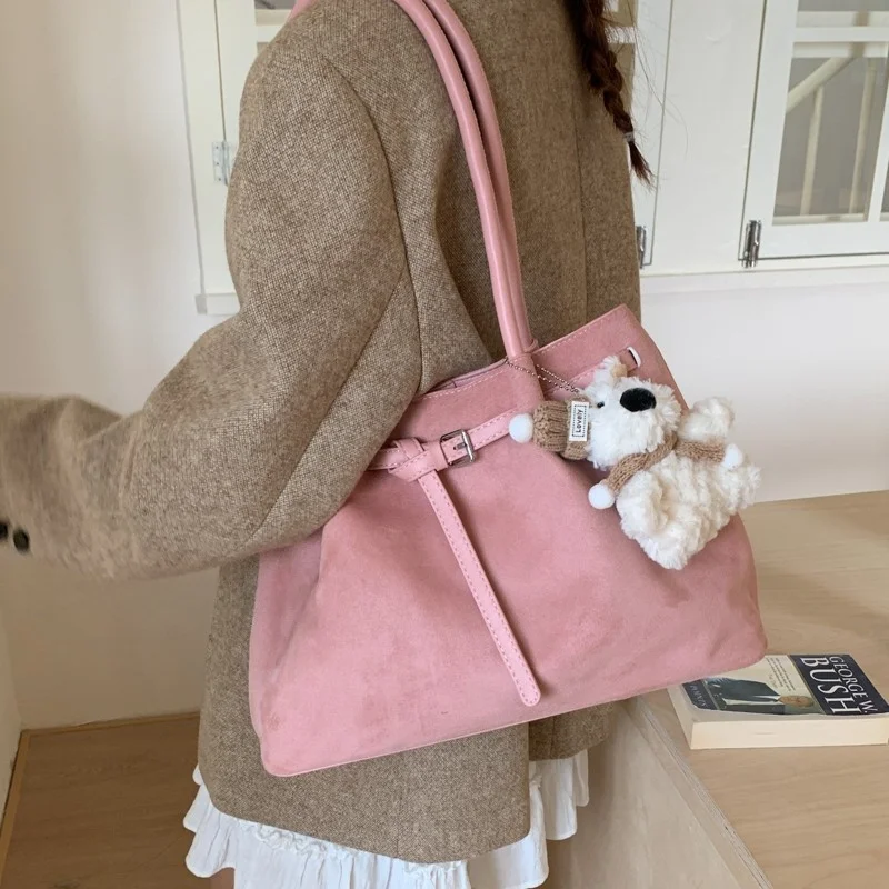 Retro women's suede leather handbag, travel handbag, large capacity, shoulder bag, Korean winter new fashion Y2K