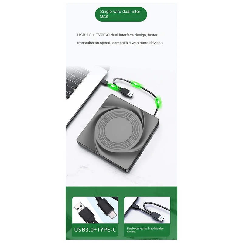 Portable CD DVD +/-RW Drive Optical Drive Player Reader USB 3.0 & Type-C For Win 11 10 8 7