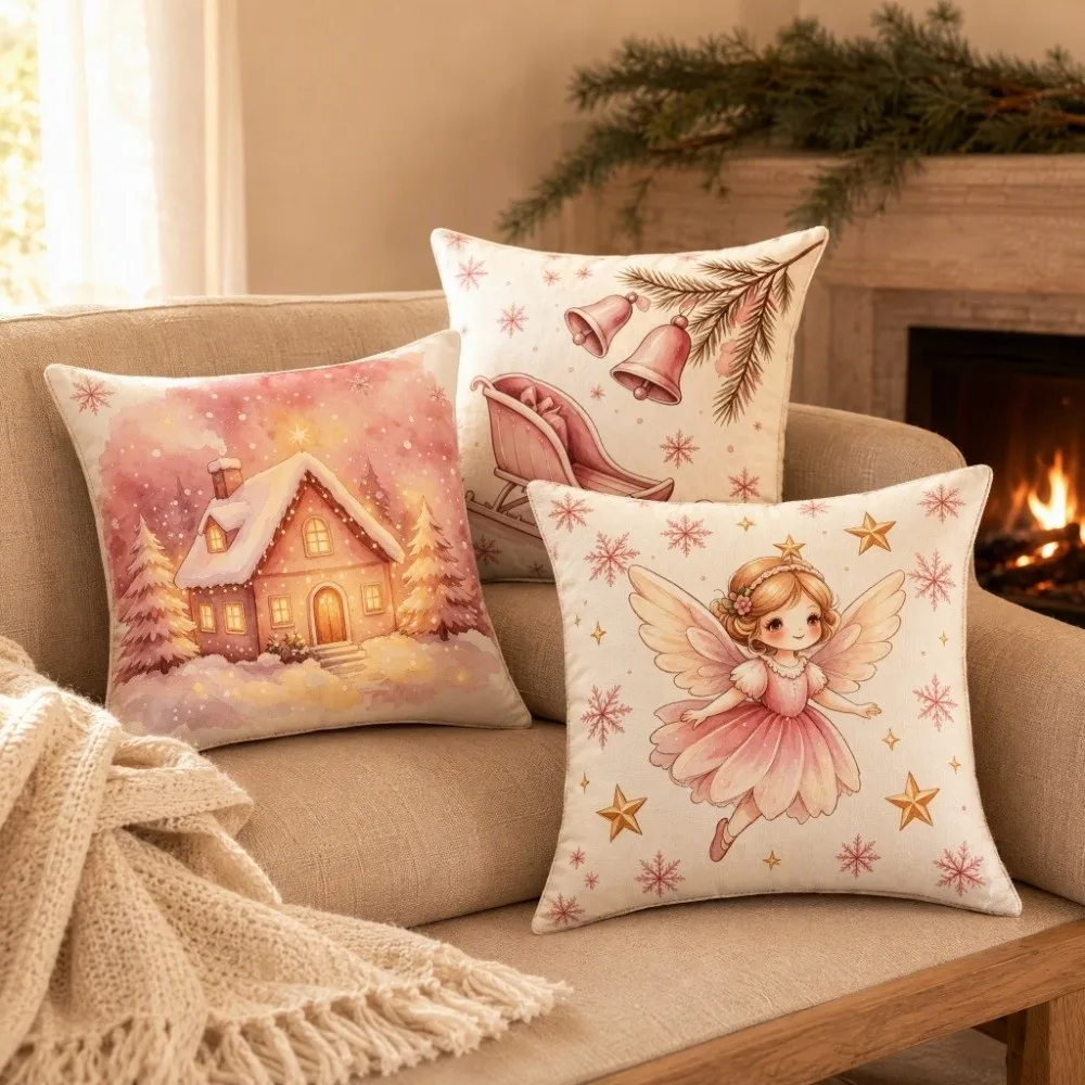 Soft Christmas Pillow Cover Pink Watercolor Style Elk Deer Decorative Throw Cushion Case 45cm 17.72in Square Santa Pillow Cover