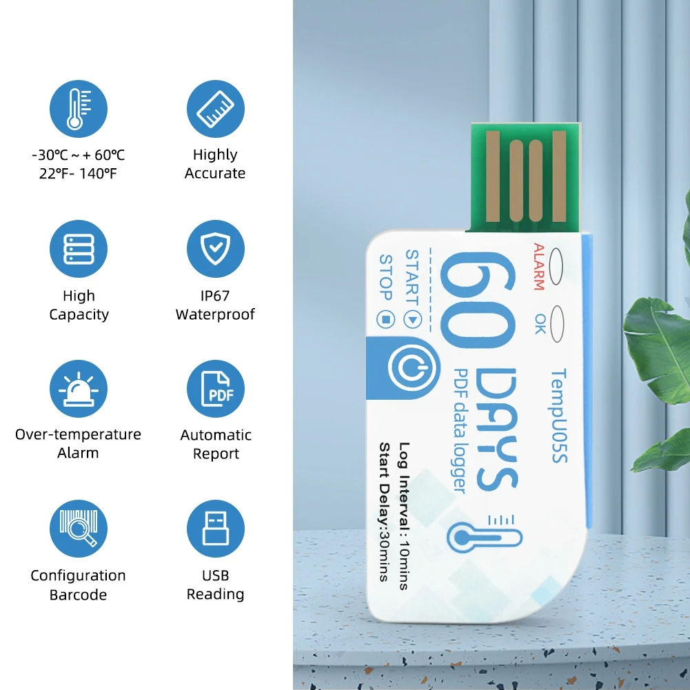 【Получшие предложения】1 шт. USB-регистратор данных температуры Tempu05s, 60-дневный анализатор температуры для одноразового использования, PDF-отчет, USB-регистратор температуры