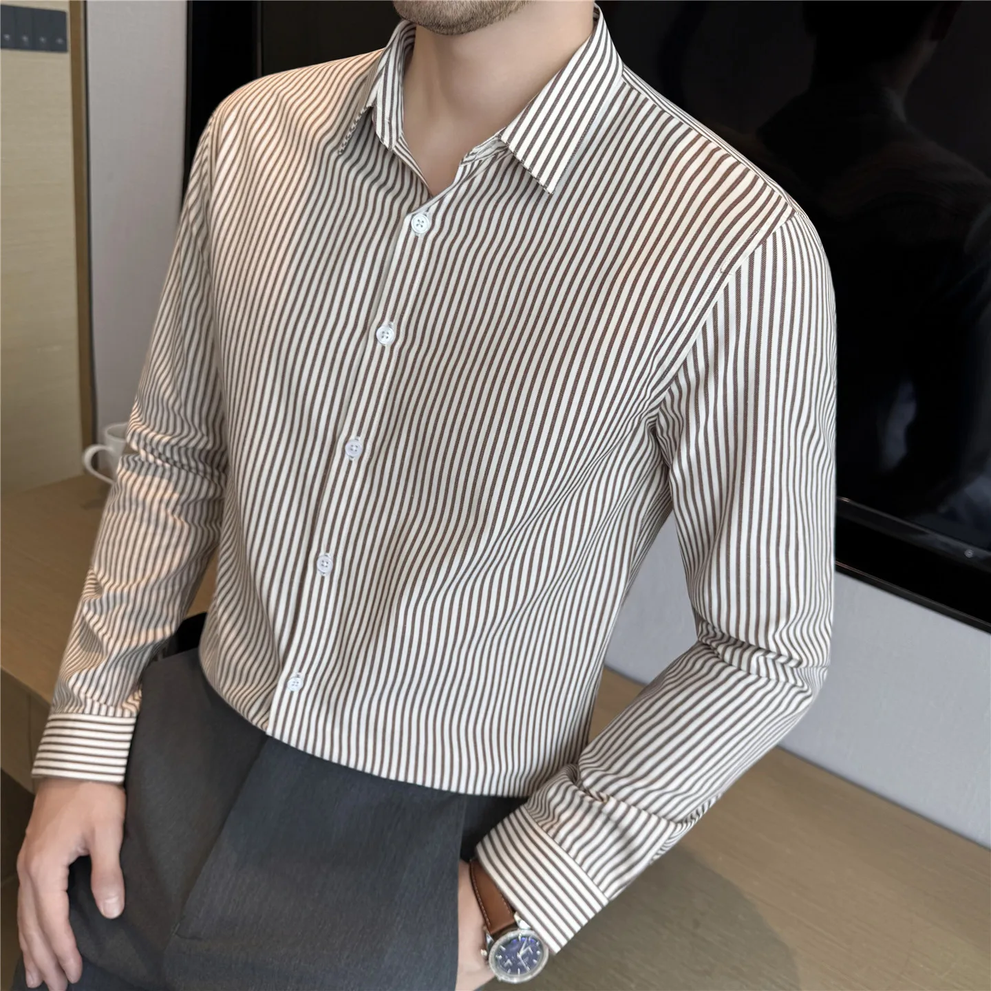 Men's Striped Long Sleeve Shirt - Green White Business Casual Autumn Textured Fabric Slim Fit Office Wear