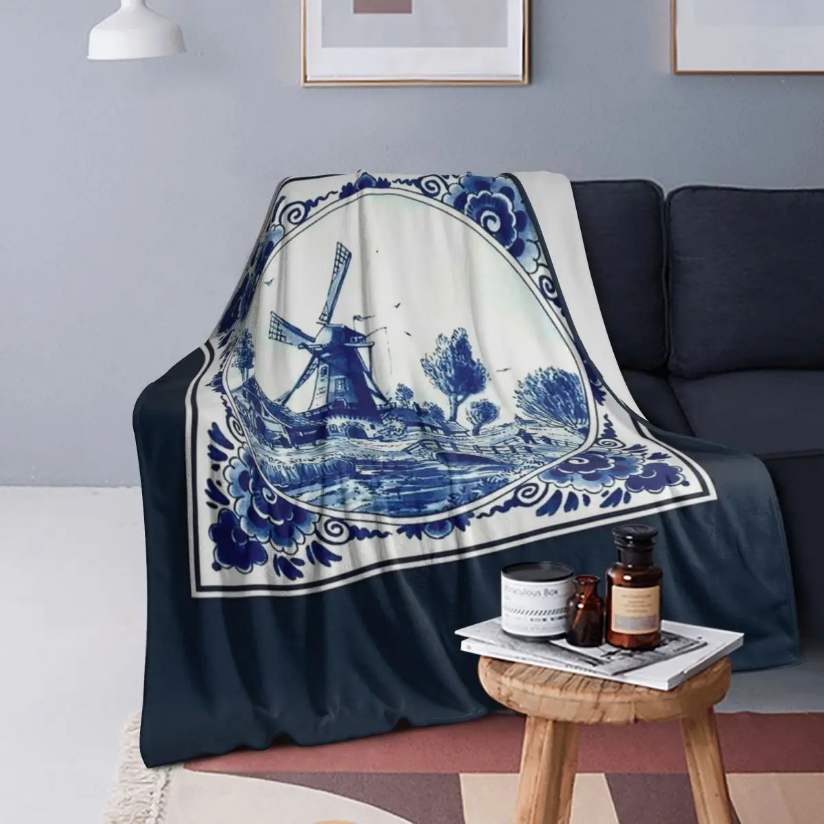 

DUTCH BLUE DELFT Vintage Windmill And Bridge Print Blankets Soft Warm Flannel Throw Blanket Bedspread for Bed Living room Picnic