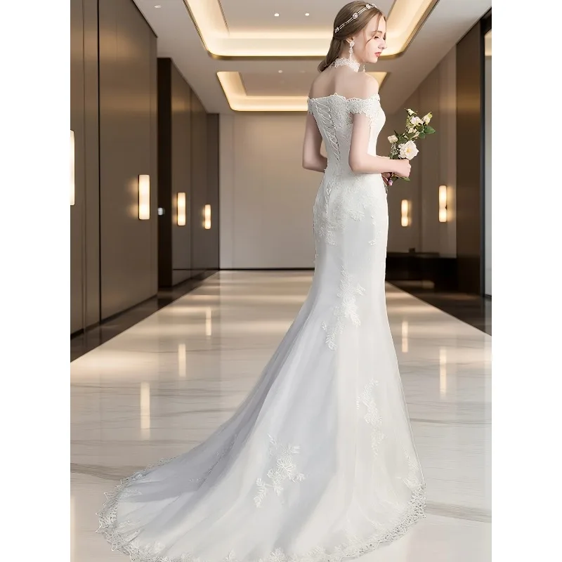 Elegant Off - Shoulder Wedding Dress Women's White Lace Mermaid Gown with Sheer Short Sleeves for Romantic Party Gown Customized