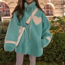 Winter Lamb Wool Hoodies Fleece Loose Zipper Coats Women Y2k Korean Street Heart Sweet Stand Collar Sweatshirts Thick Jackets