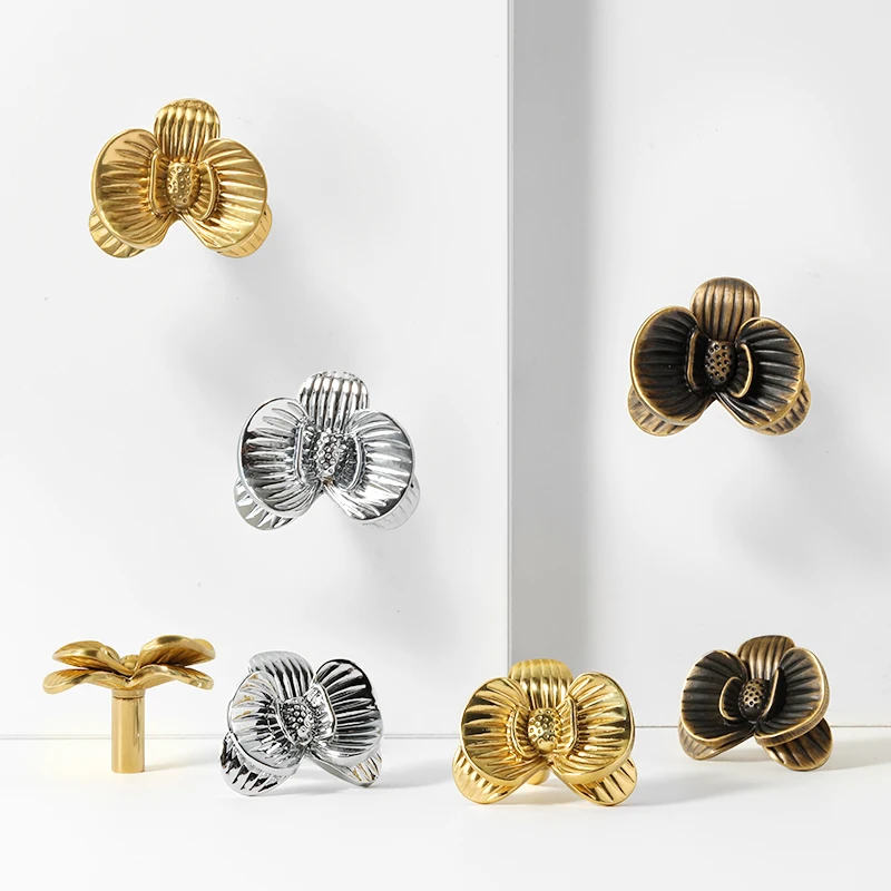 Solid brass orchid knob flower theme cabinet handle home decoration high quality forging brass pulls