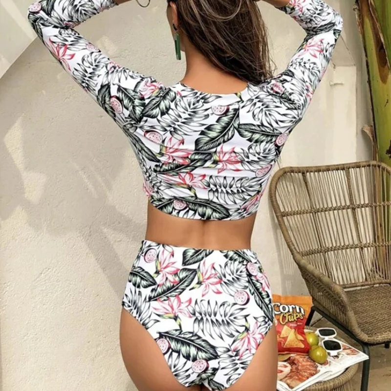 Sexy Two Piece Swimsuit Swimwear Women Long Sleeves Leaf Flowers Print High Waist Bathing Suit Beachwear Banadores Mujer 2024