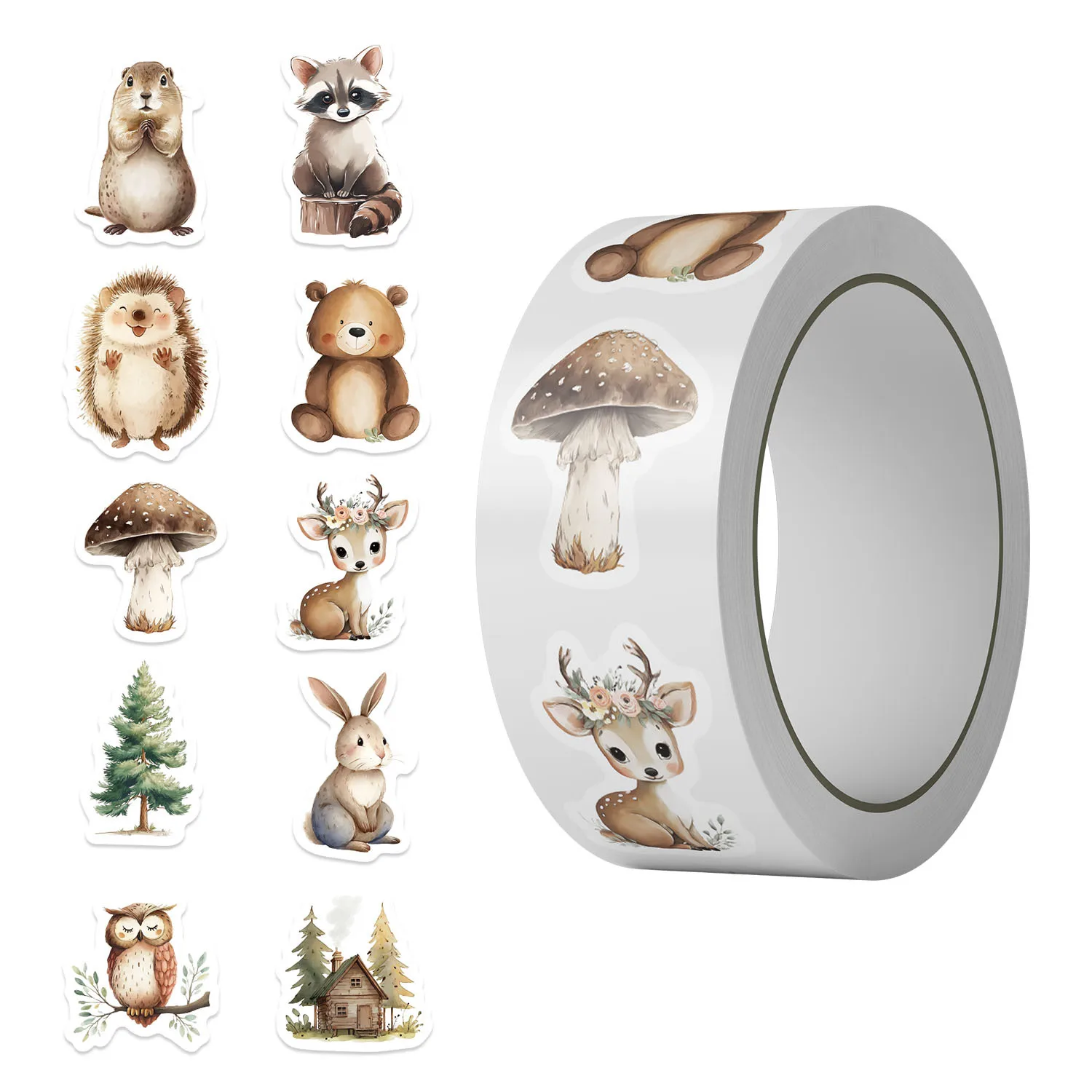 500Pcs Forest Animals Stickers Roll, 10 Patterns Woodland Creatures Stickers for Kids, Cute Deer Bear Squirrel Waterproof Decals