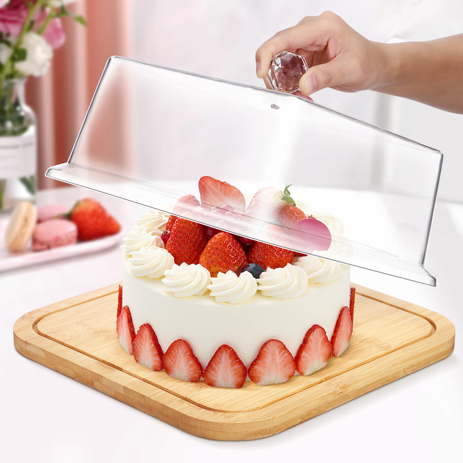 

Wooden Cake Preservation Plate with Transparent Cover Dessert Serving Tray for Home Wedding Party Cake Display Stand with Cover