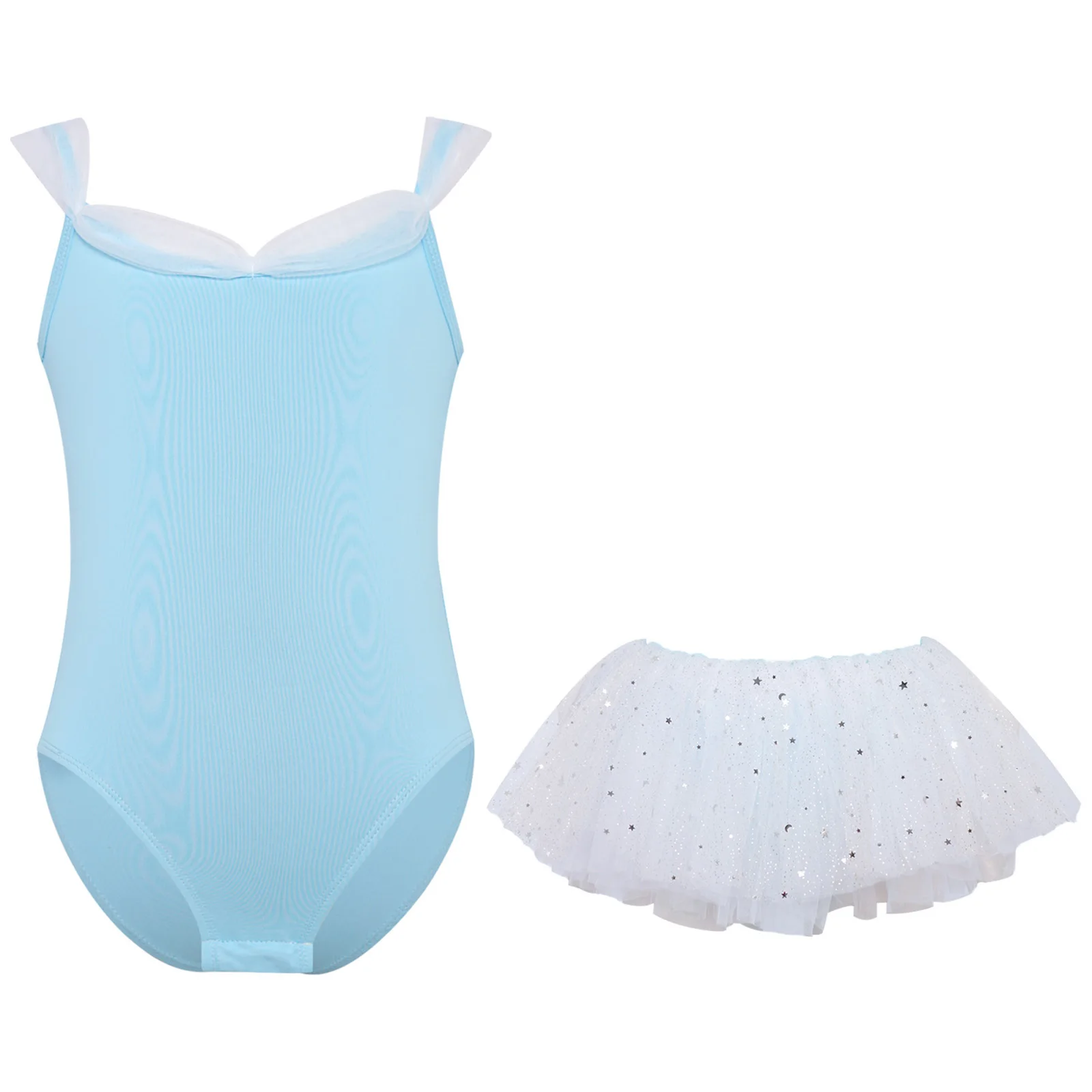 Kids Girls Ballet Leotard Suit Spaghetti Straps Butterfly Back Sleeveless Bodysuit+Shiny Sequins Tulle Tutu Skirt for Gymnastics