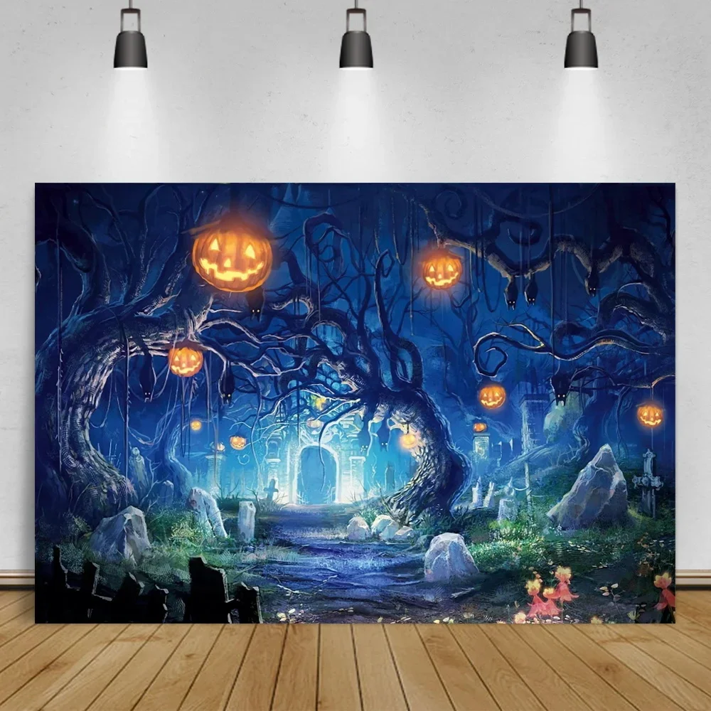 Halloween Backdrops For Photography Tomb Castle Witch Bat Terrible Night Pumpkin Lantern Baby Portrait Backgrounds Photocall