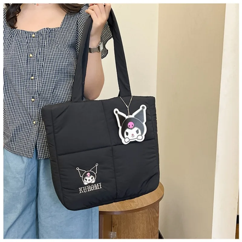 2024 New Sanrio Handbag Cartoon Cute Down Fabric Kuromi Tote Bag Shoulder Pacha Dog Cute Stationery Bag Large Capacity Handbag