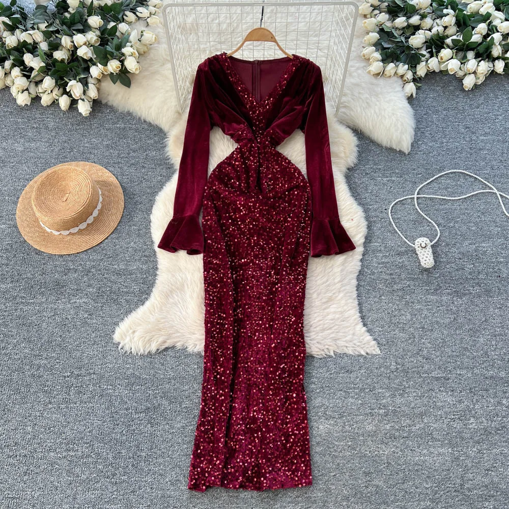 

Women Party Sequins Dresses Solid Fitted Dress V Neck Ankle Lenth Long Sleeves Waist Cinch Slim Sexy Elegant 2025 Spring Autumn