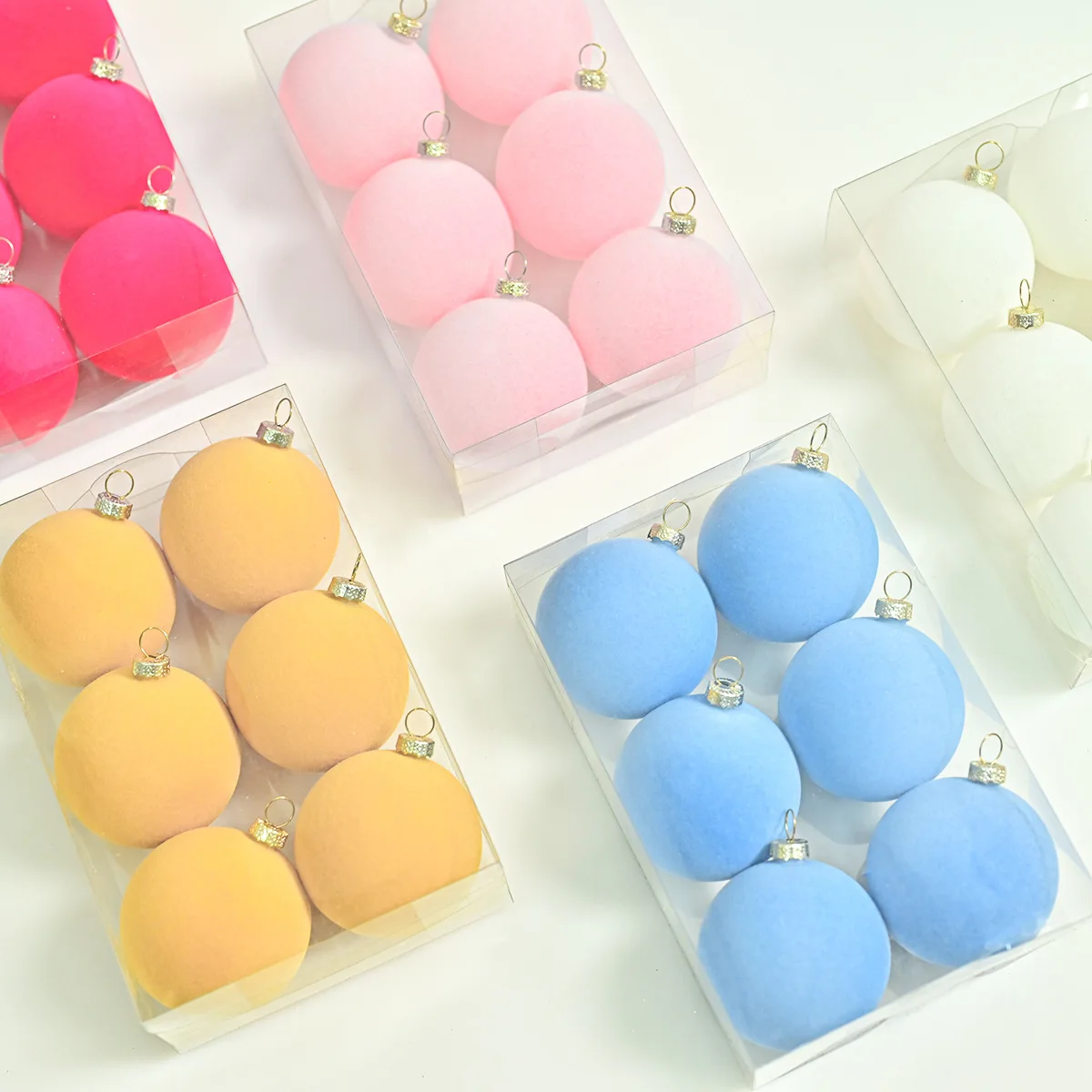 

6cm 6Pcs Painted Flocked Macaron Color Christmas Decoration Balls Flocked Christmas Balls Set Christmas Tree Hanging Decoration