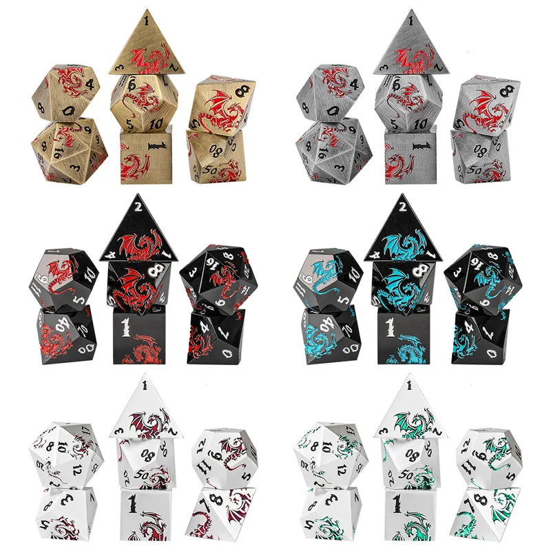 

7pcs/set Large Size Alloy Polyhedral Dice with Dragon Pattern Table Board DND Role Play Gaming Accessories Dice with Storage Bag