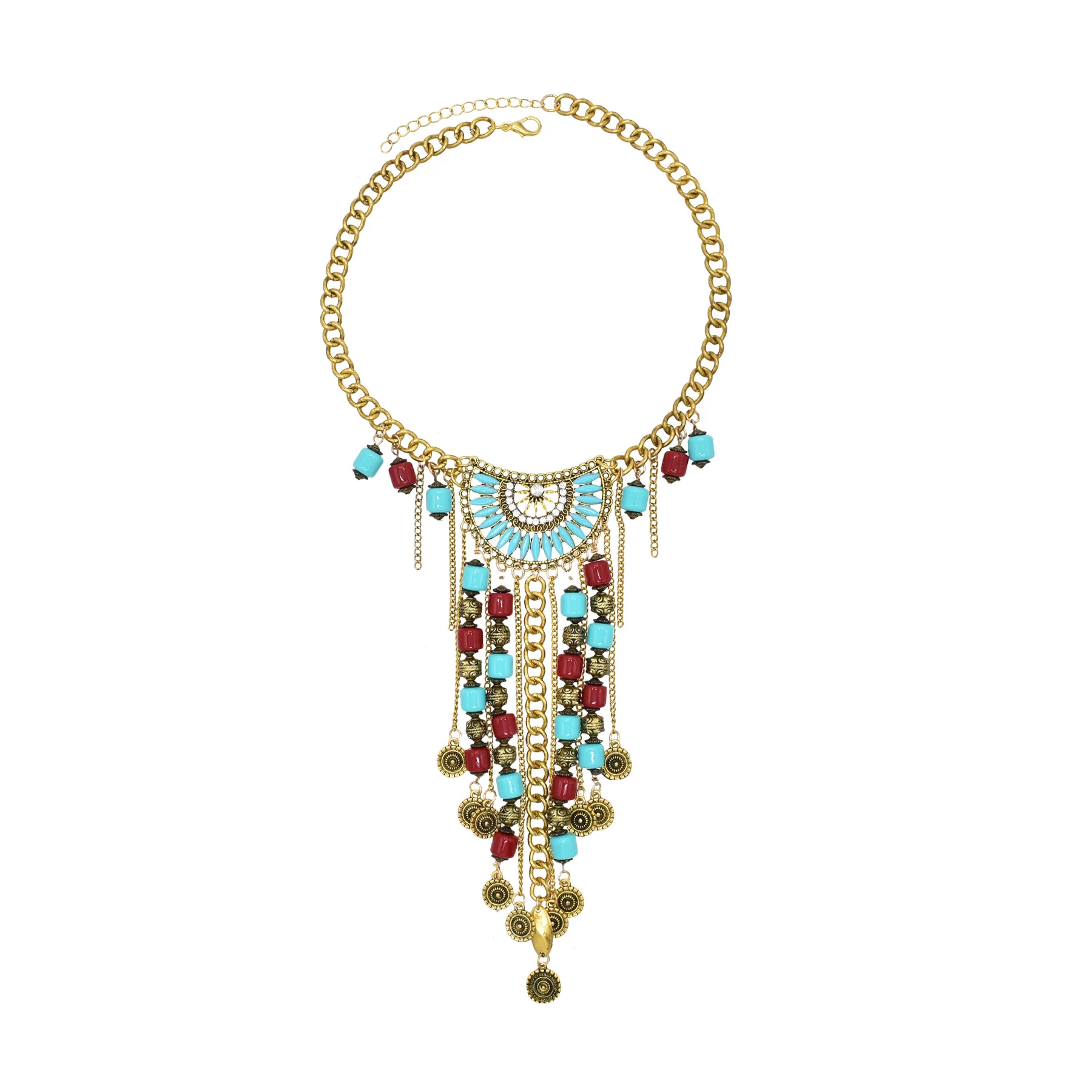 Vintage Golden Silvery Long Chains Artificial Gemstone Bead Coin Necklace for Women Gypsy Ethnic Clothing Sweater Neck Jewelry