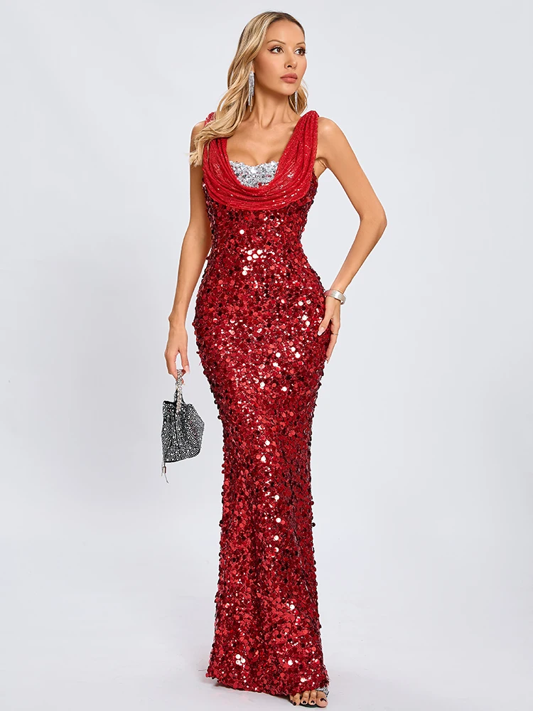 Festa à noite vermelho lantejoulas glitter vestido longo dupla camada pescoço sem mangas brilhante pergaminho vestidos finos