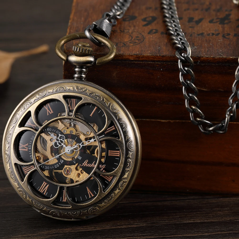 Damski kieszonkowy zegarek Skeleton mechaniczny zegarek portmonetka VIntage dla mężczyzn montre de poche retro Steampunk