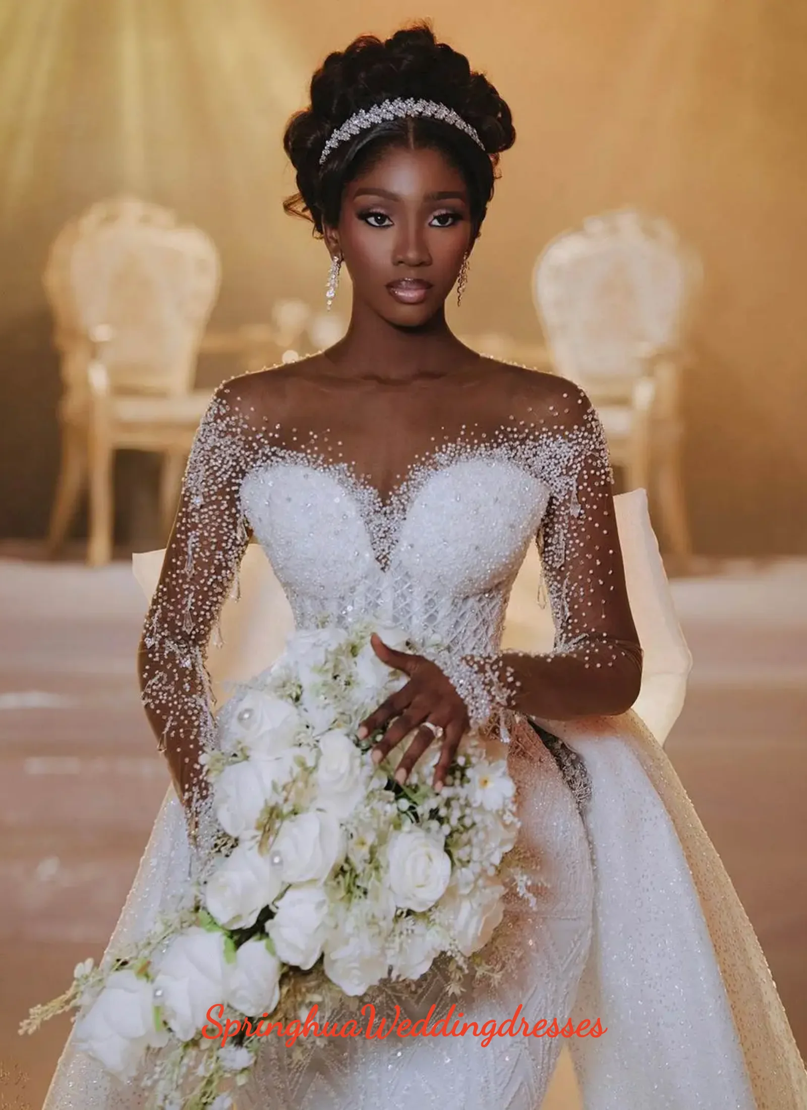 

Customized Elegant Wedding Dress Beading Rhinestone Bridal Gowns Detachable Train Long Sleeves Princess Bride Dress